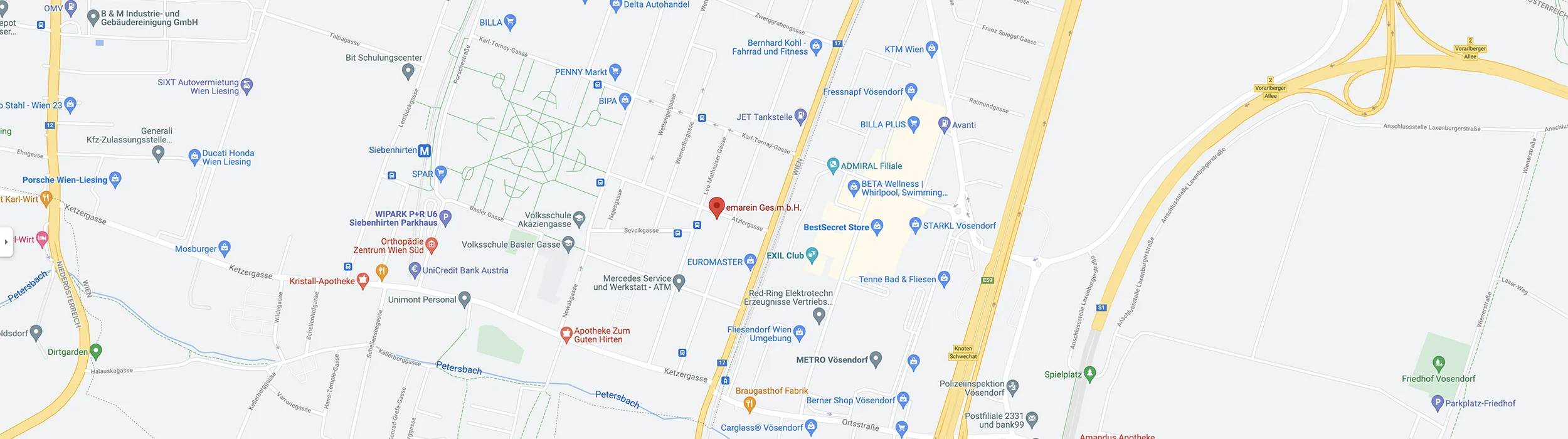 Karte mit dem Firmensitz von emarein, Atzlergasse 11/2/2, 1230 Wien