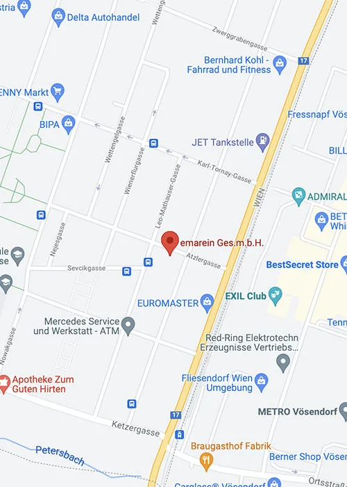 Karte mit dem Firmensitz von emarein, Atzlergasse 11/2/2, 1230 Wien